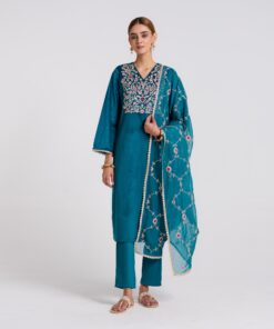 Teal Embroidered Gulzaar Velvet Set with Dupatta