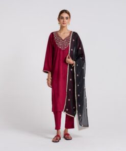 Maroon Blue Embroidered Amara Velvet Kurta Set with Dupatta