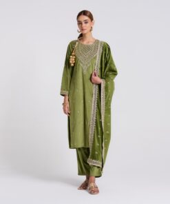 Olive Embroidered Gulzaar Velvet Set with Dupatta
