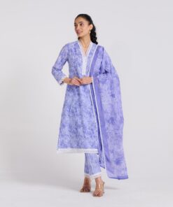 Lavender Pure Cotton Kurta Set with Dupatta and Lace Detail