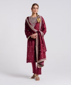 Maroon Embroidered Makhmali Velvet Set with Dupatta