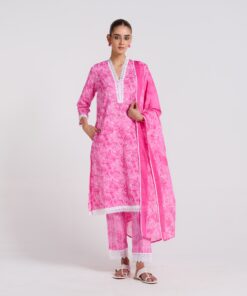 Pink Pure Cotton Kurta Set with Dupatta and Lace Detail