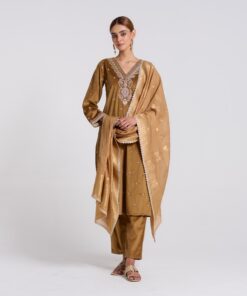 Brown Ochre Varak Embroidered Velvet Set with Brocade Dupatta