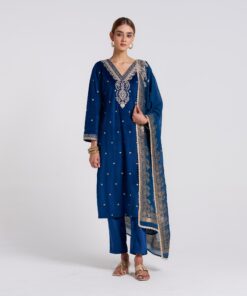 Royal Blue Varak Embroidered Velvet Set with Brocade Dupatta