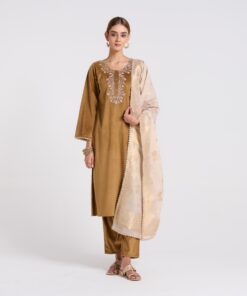 Brown Ochre Embroidered Noor Velvet Set with Brocade Dupatta