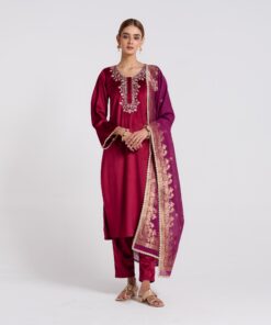 Maroon Embroidered Noor Velvet Set with Brocade Dupatta