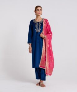 Navy Embroidered Noor Velvet Set with Brocade Dupatta