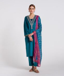 Teal Embroidered Zareen Velvet Set with Dupatta