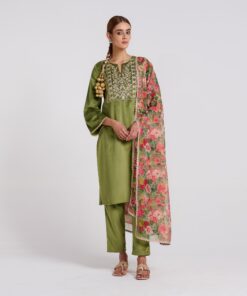 Olive Embroidered Phulwari Velvet Set with Dupatta