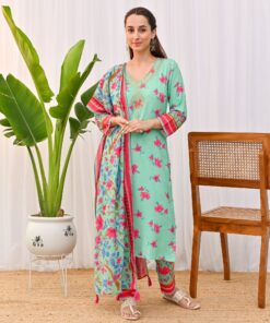 Mint Green Lotus Printed Salwar Kurta Set with Dupatta & Neck Embroidery Detail