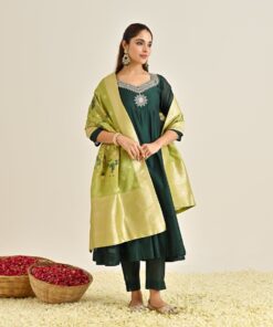 Emerald Green Festive Anarkali Set with Brocade Dupatta