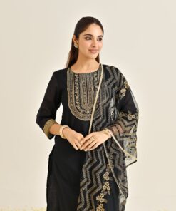 Black Festive Embroidered Kurta Set with Embroidered Dupatta & Yoke Detail