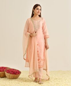 Peach Floral Straight Kurta Set with Yoke Embroidery & Dupatta