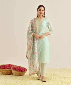 Mint Straight Festive Kurta Set with Printed Dupatta & Yoke Detail