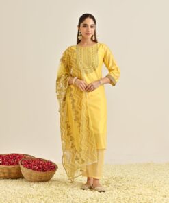Yellow Festive Embroidered Kurta Set with Embroidered Dupatta & Yoke Detail