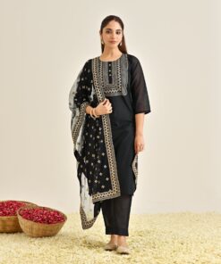 Black Festive Embroidered Kurta Set with Embroidered Dupatta
