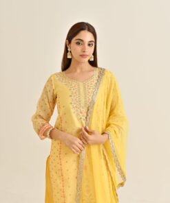 Mango Yellow Floral Straight Kurta Set with Yoke Embroidery & Dupatta