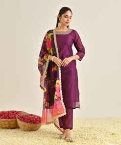 Burgundy Festive Embroidered Kurta Set with Printed Dupatta & Round Yoke Detail