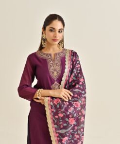 Burgundy Straight Festive Kurta Set with Printed Dupatta & Yoke Detail