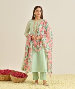 Mint Blue Anarkali Set with Floral Printed Dupatta & Yoke Embroidery