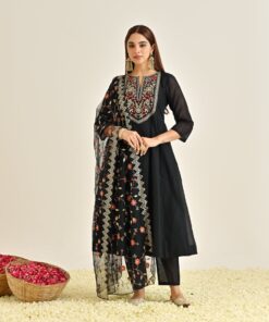Black Festive Anarkali Set with Embroidered Dupatta & Yoke Detail