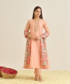 Peach Anarkali Set with Floral Printed Dupatta & Yoke Embroidery