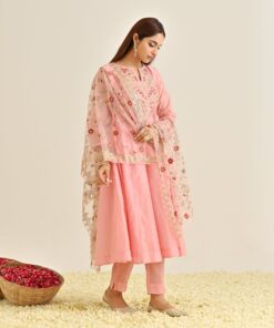 Light Pink Festive Anarkali Set with Embroidered Dupatta & Yoke Detail