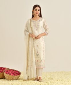 Off White Floral Straight Kurta Set with Yoke Embroidery & Dupatta