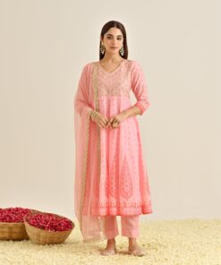 Pink Traditional Anarkali Set with Yoke Embroidery & Dupatta