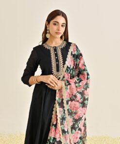 Black Anarkali Set with Floral Printed Dupatta & Yoke Embroidery