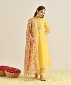 Mango Yellow Anarkali Set with Floral Printed Dupatta & Yoke Embroidery