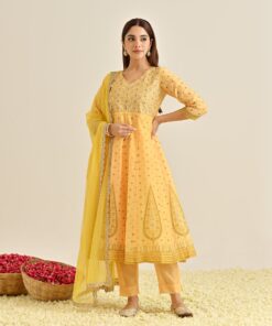Mango Yellow Traditional Anarkali Set with Yoke Embroidery & Dupatta