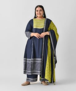 Blue & Olive Silver Printed Flared Kurta Dupatta Set with Gota Details - SOM