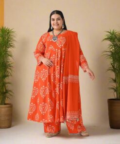 Orange Flared Kurta Dupatta Pant Set with Pompom Details - SOM