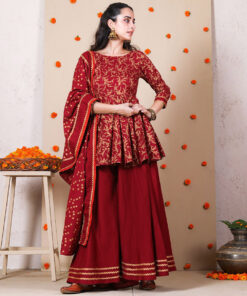 Maroon Festive Gold Printed Kurta Set with Dupatta for Women