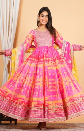 Pink Heavy Embroidered Chanderi Anarkali