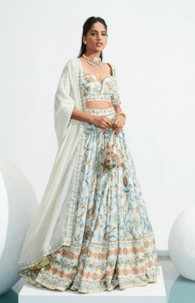 Ivory Floral Embroidered Lehenga Set with Dupatta