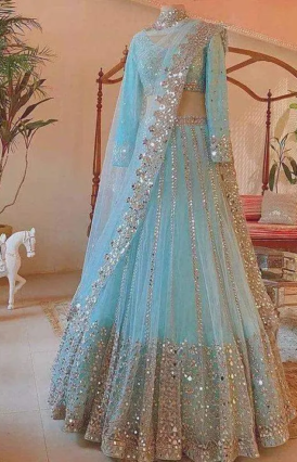 Indian Sky-Blue Designer Lehenga Choli with Sequence Work for Wedding, Party, Casual Wear Chaniya Choli Dress
