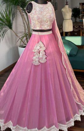 Dusty Rose Pink color Bids Embroidery work Lehenga Choli