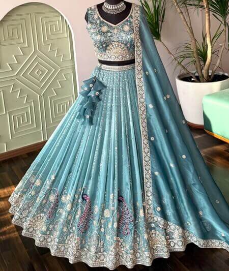 F07395FF-8A9D-42DB-9DE1-56D77462D945 Sky blue color Bids Embroidery work Designer Lehenga Choli