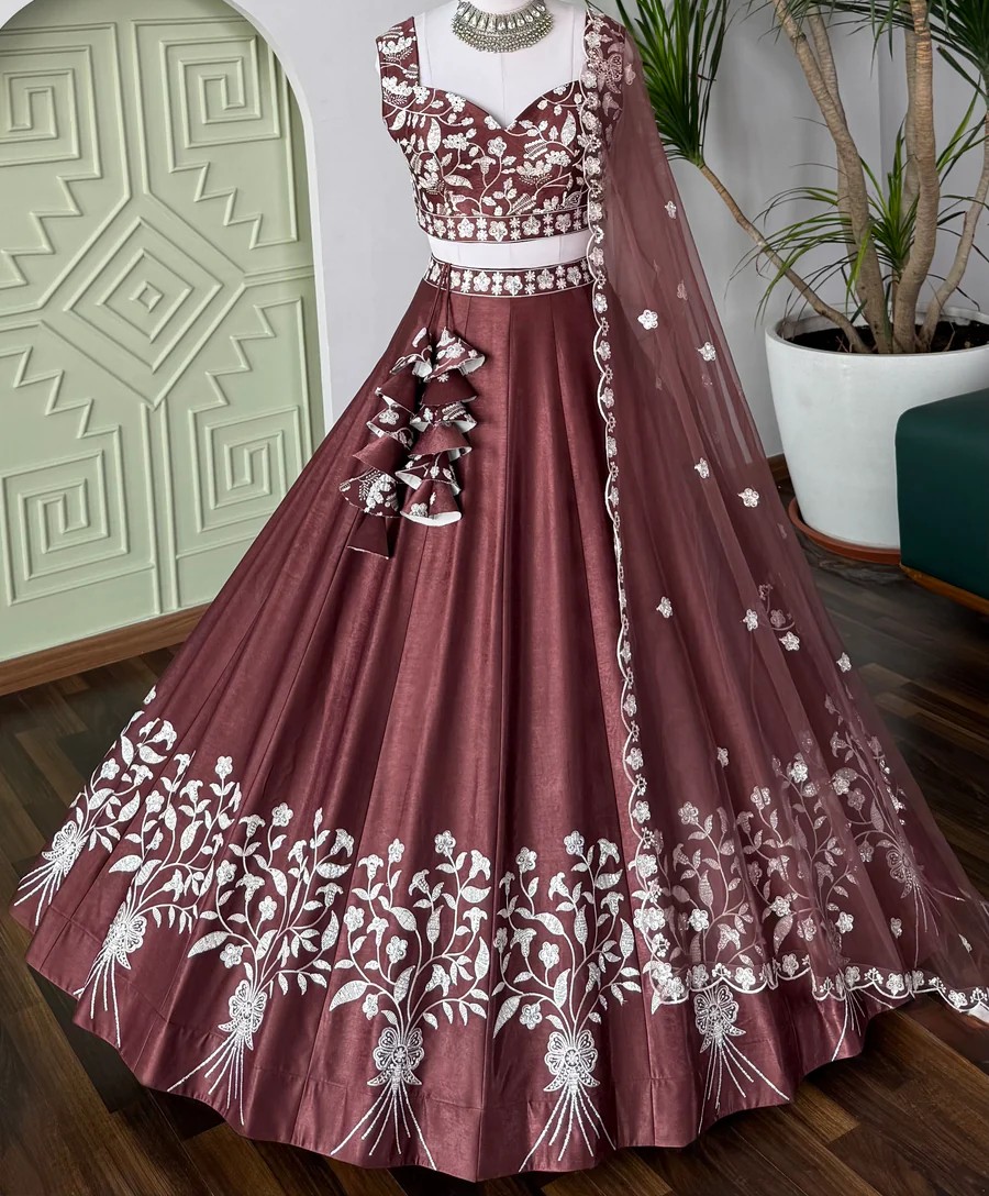 F65B419F-1084-41E5-BB3F-DCE7762FE6F5 Brown color Designer Sequence Embroidery work Lehenga choli