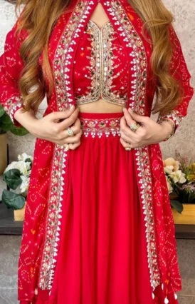 Trending Party Wear Pink Shrug 1 Minute Ready To Wear Lehenga