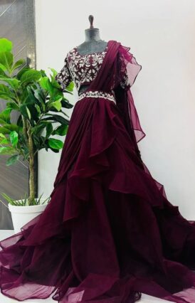 Wine Lehenga 1 Minute Saree With Stitch Blouse With Embroidery Work