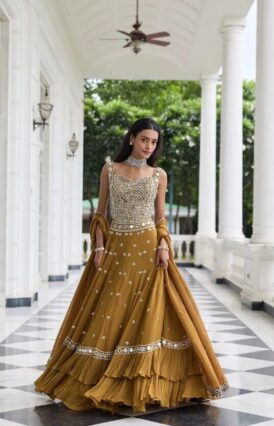 Mustard Gold Embellished Lehenga Set with Mirror Work & Layered Flair